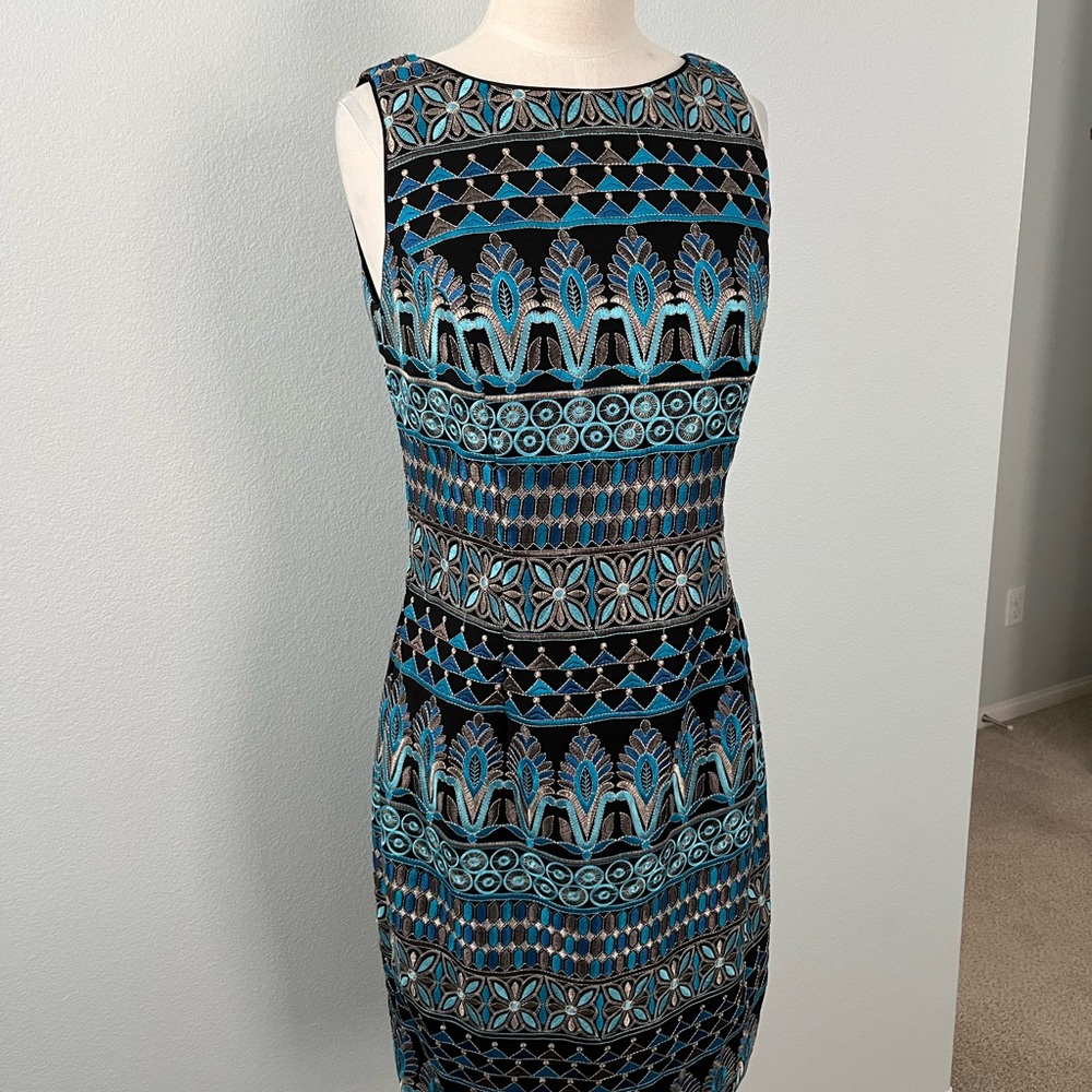 White House Black Market Blue and Black Sheath Midi Dress
